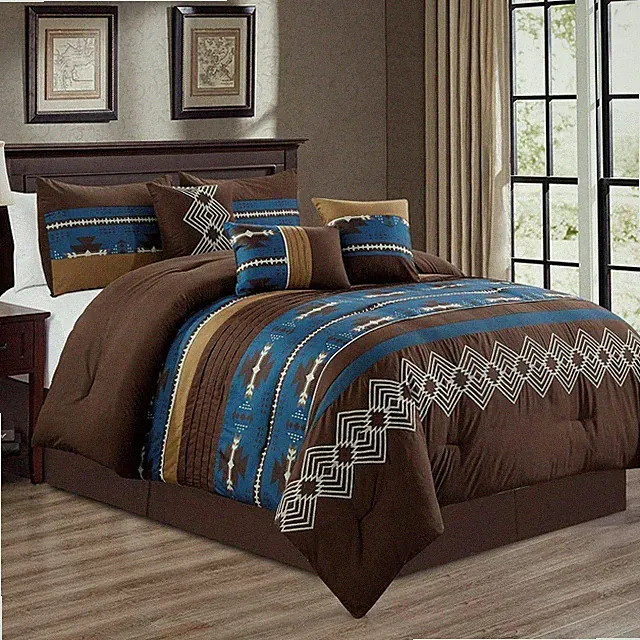 7 Piece Southwestern Native American Queen Comforter Set Navy Coffee Bedding