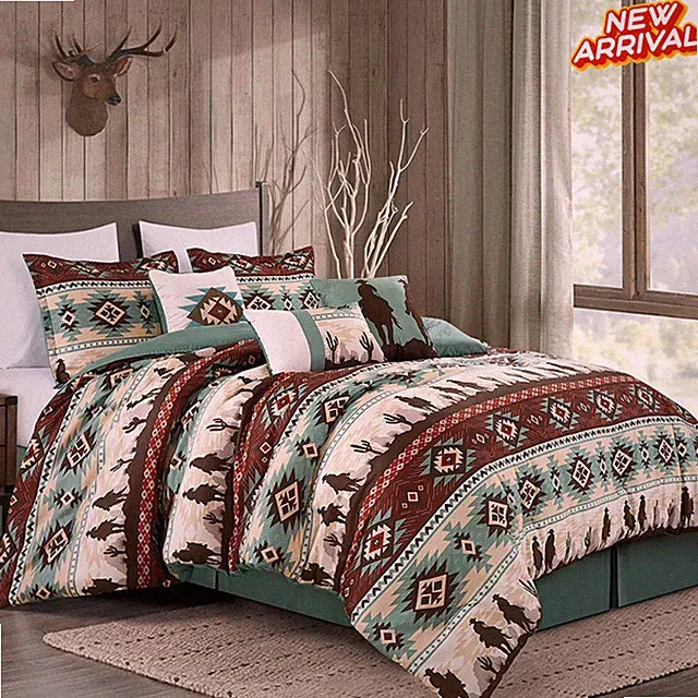 7pc King Size Southwest Aztec Style Comforter Set Burgundy Teal Beige w Cushions