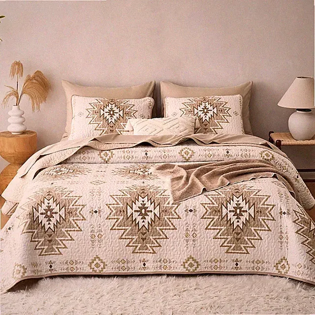 Beige Southwest Tribal Western 3 Piece Quilt Set King Coverlet