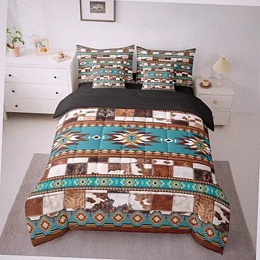 Boho Comforter Set with Sheets Size Southwest Native American King Brown Blue