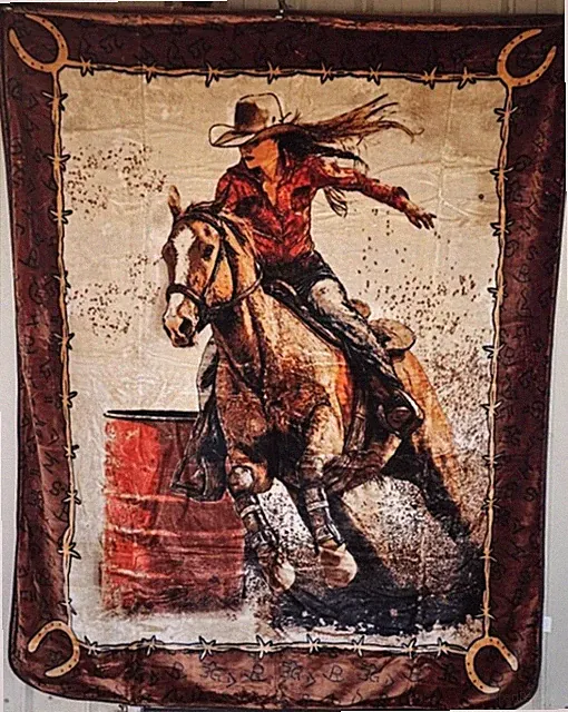 COWGIRL RODEO BARREL RACING HORSE HORSESHOE SOUTHWEST QUEEN BLANKET BEDSPREAD