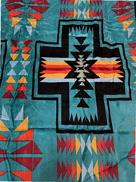 Native American Blanket Style 2 Ply Plush Reversible Size King Turquoise 102”x86