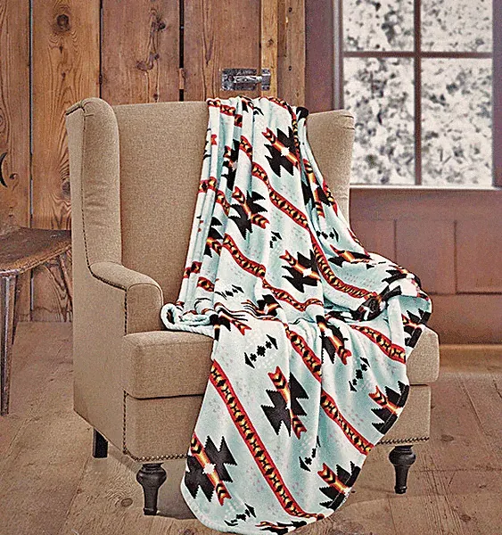 Native Western Throw Blanket Light Blue Southwest Luxury Soft Fleece Twin 60x80