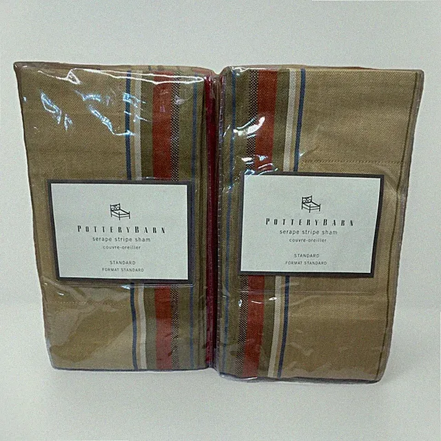 NEW POTTERY BARN Serape Stripe Linen Cotton Pillow Shams (2) Southwest Red Gold