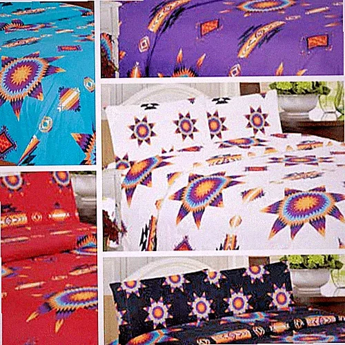 NU TRENDZ Native American 4 PC QUEEN SHEET SET WHITE Lodge Southwest STARBURST