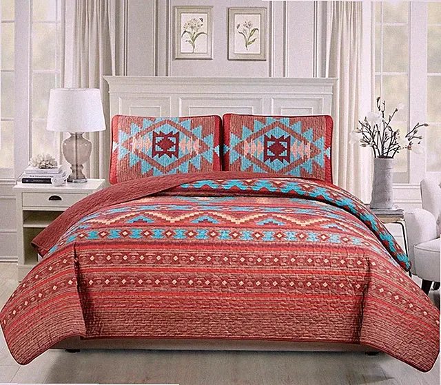 Orange Southwest Tribal Western 3 pc Quilt Set Full Queen Size Bedspread Cover