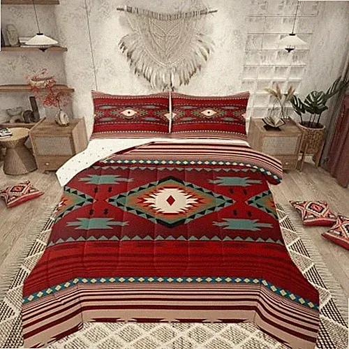 Red Rustic Western Comforter Set Southwest Native Tribal Size Queen Light Red