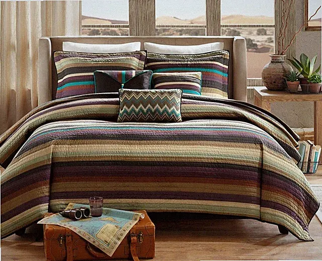 SOUTHWEST 6pc King QUILT SET : TURQUOISE NATIVE BROWN STRIPE SOUTHWESTERN