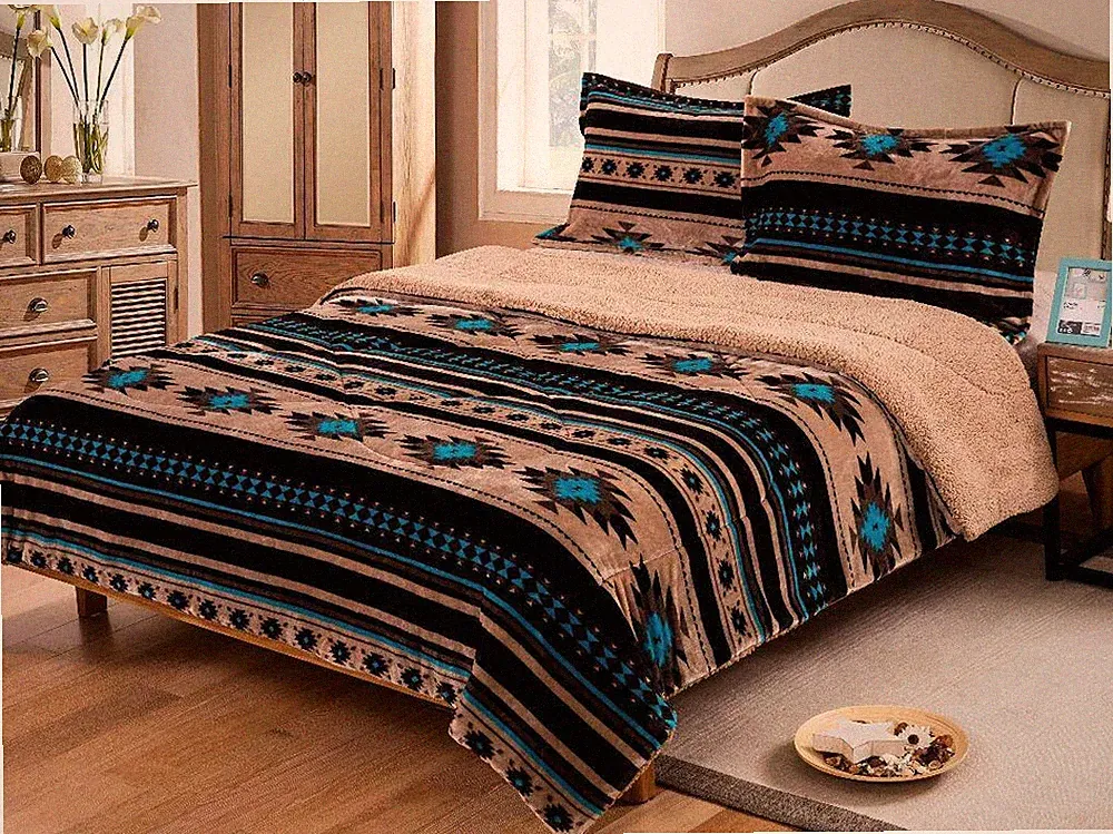 Southwest Aztec Sherpa Plush Fleece Blanket - 3 Piece Set