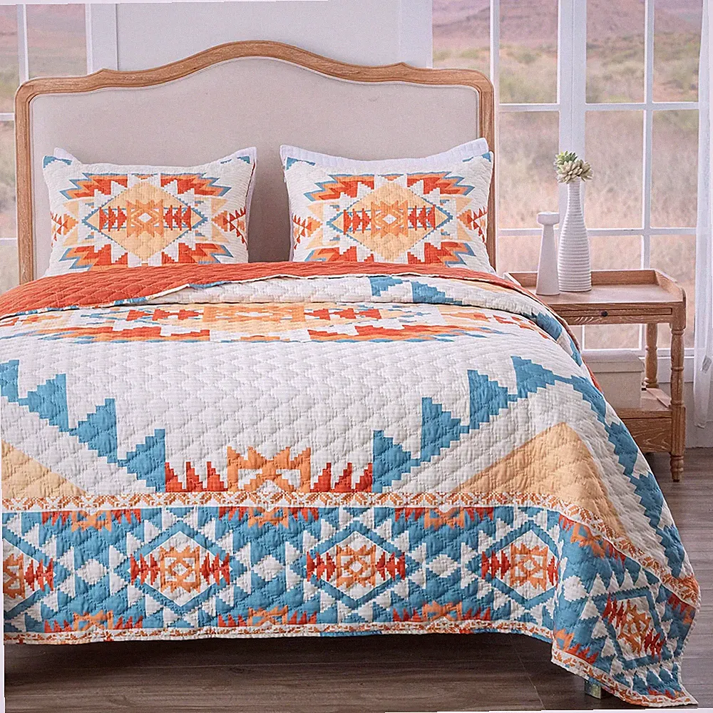 SOUTHWEST HORIZON 3pc King QUILT SET : SOUTHWESTERN NATIVE ORANGE TURQUOISE