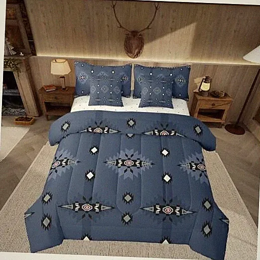Southwest Native Comforter Set with Sheets Navy Blue Queen Deep Navy Blue