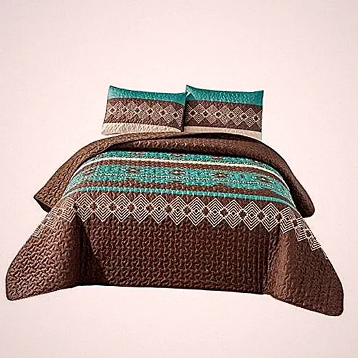 Southwest Teal/Beige/Brown Print Bedspread 3 Piece Navajo/Native Queen