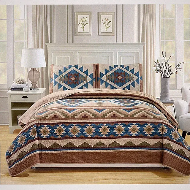 Southwest Tribal Quilt Set Beige Blue Green