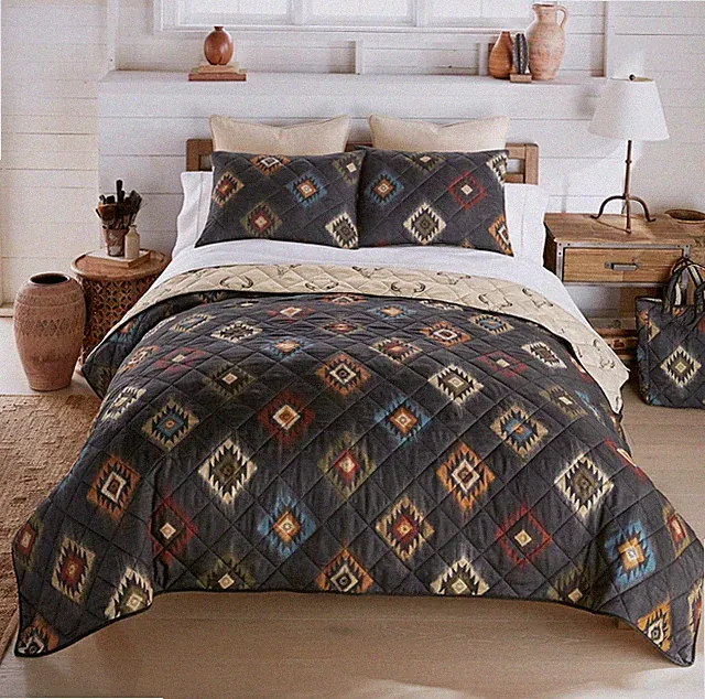 Southwestern Phoenix Printed Reversible Quilt Set Trendy Ethnic Aztec Pattern