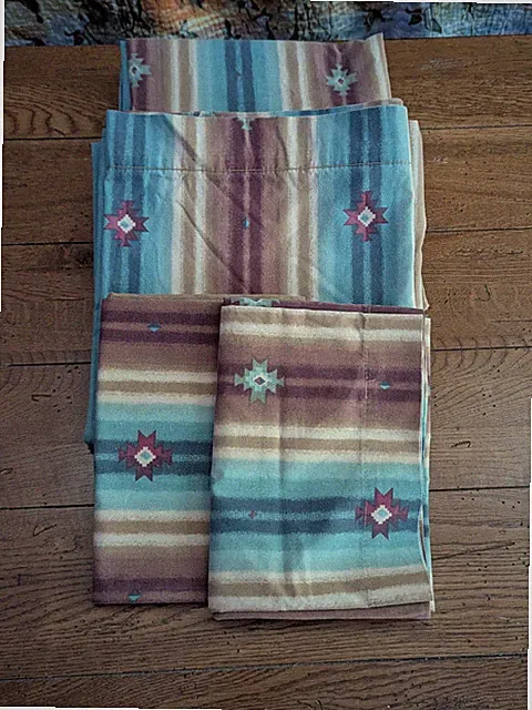 Vtg Queen Sheet Set Fitted Flat Pillows Zuni Southwest Stripes 80s Aqua Browns
