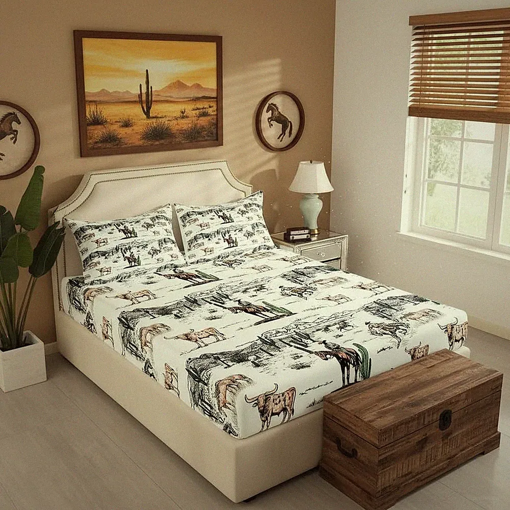 Western Cowboy Fitted Sheet Twin Size,Vintage Southwest Style Bed Sheet Deser...